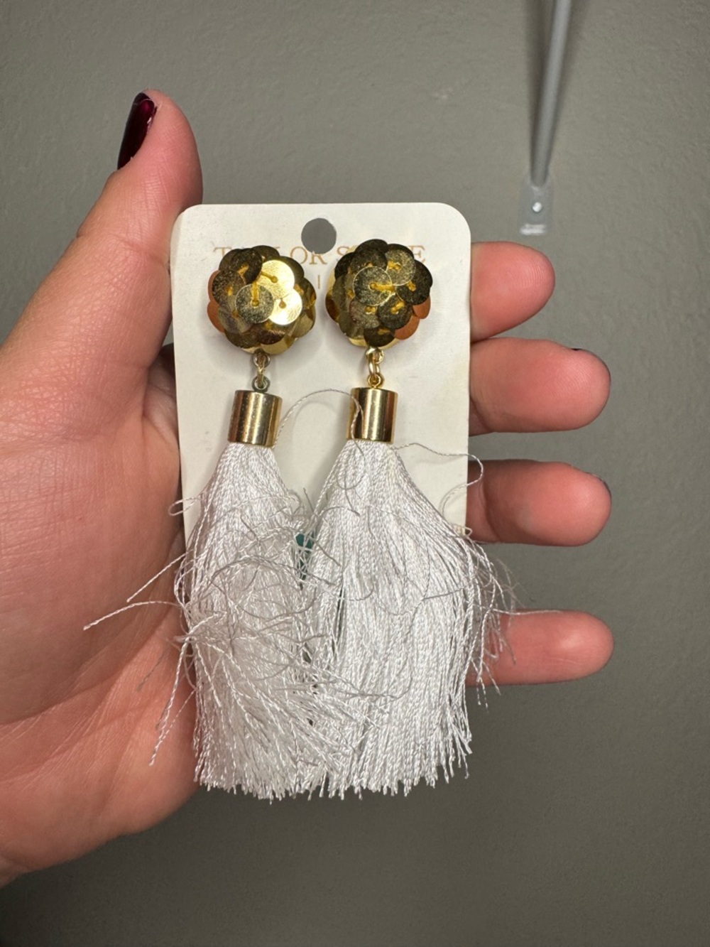 Gold Floral Top White Tassel Statement Earrings
